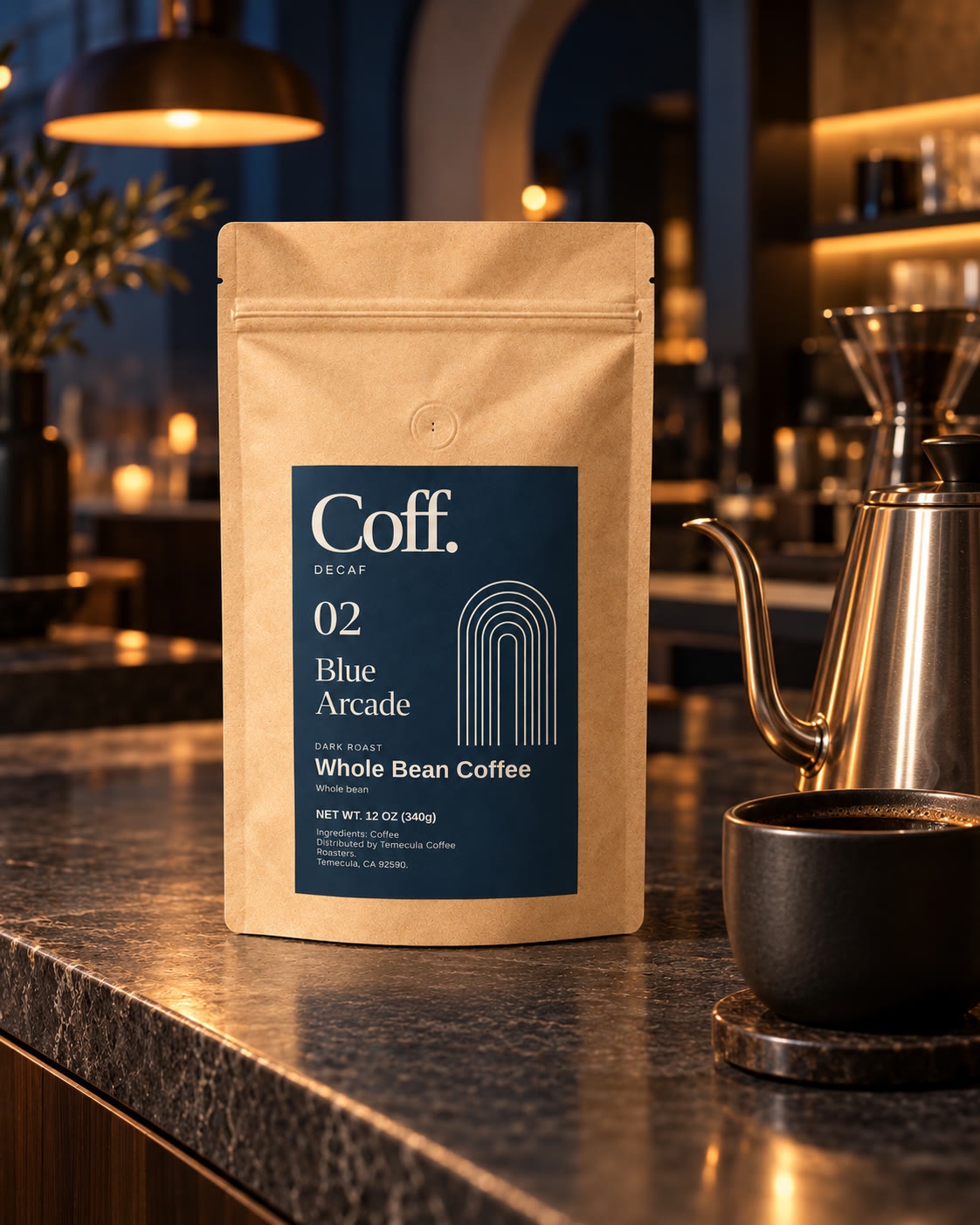 Illustrative boutique café scene with Coff No. 02 Blue Arcade kraft bag beside a pour-over kettle and black coffee.